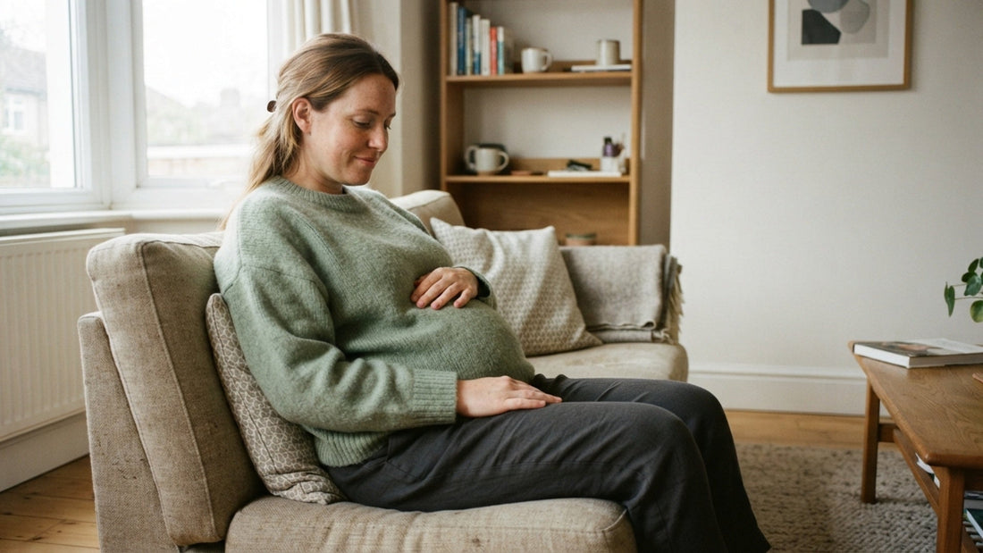 Pregnant woman in a green jumper sitting on a sofa and holding her bump.