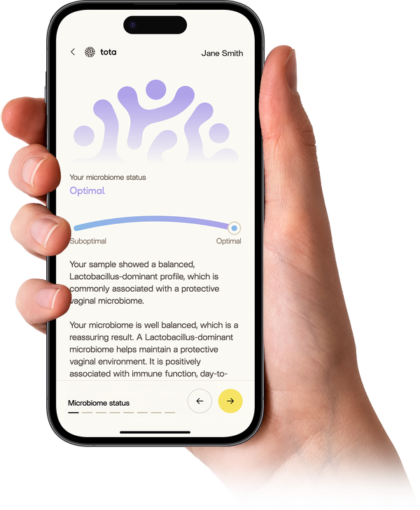 Example Tota report on a phone, showing a vaginal microbiome overview